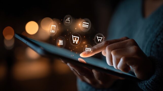 Online shopping convenience technology using a tablet with digital icons of shopping carts and