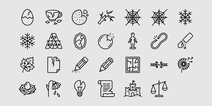 Icon set collection of fragile and broken items including cracked eggs, shattered glass, torn paper, damaged structures, and snapping ropes.