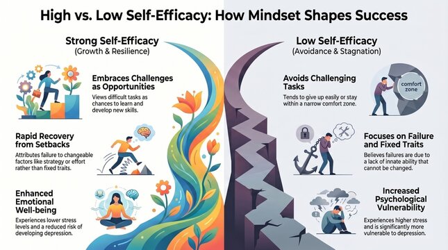 High vs. Low Self-Efficacy Infographic: Growth Mindset vs. Fixed Mindset Mental Health Illustration