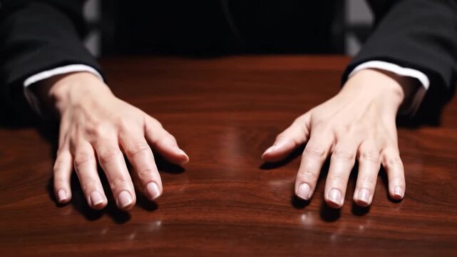 A person in a business suit fidgets nervously with their fingers on a wooden desk, conveying anxiety or stress.