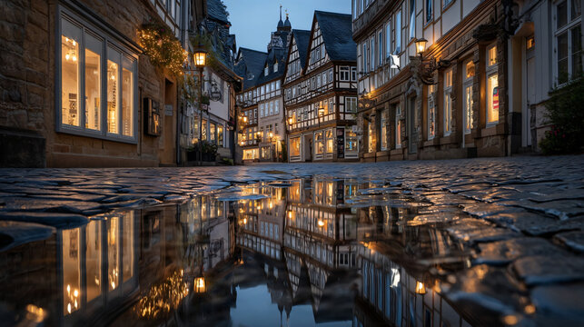 Cobblestone Street Reflection: An enchanting European cobblestone street illuminated by warm ambient light, with buildings and glowing windows reflecting in a puddle on the ground, creating a magical.