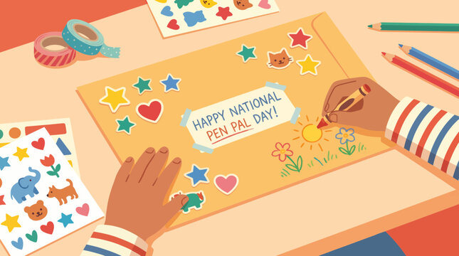 Child Decorating Envelope for National Pen Pal Day Illustration