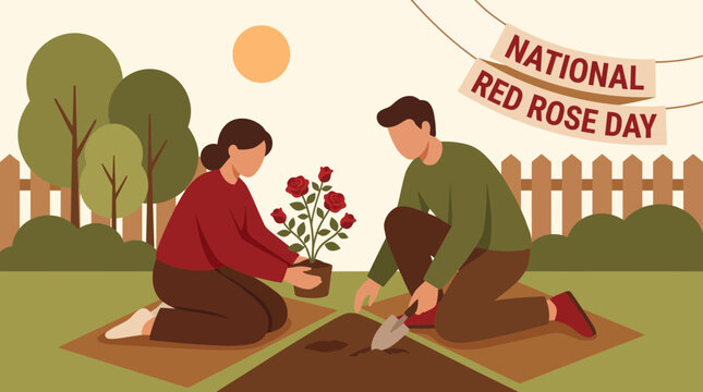 Couple planting red rose bush for National Red Rose Day illustration