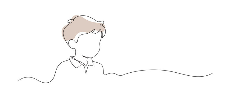 One line drawing of half body young boy portrait. Continuous line of simple child expression. Childhood and education concept. Modern minimalist style. single line art vector illustration.