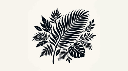 A black silhouette of various tropical leaves arranged together on a plain beige background. © ahmad