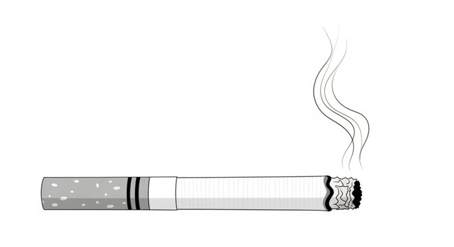 Lit Cigarette with Smoke Rising Isolated on White Background.