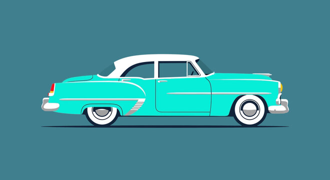 Retro Turquoise and White Classic American Car, Vintage Automobile Illustration
