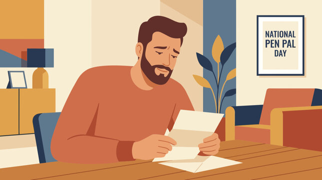 Man Reading a Letter for National Pen Pal Day Illustration