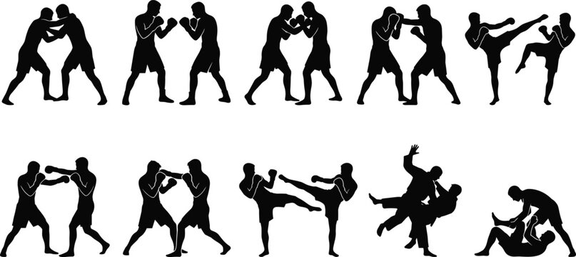 Martial Arts and Boxing Silhouette Collection with Fighters Sparring Kicking Punching and Combat Training Poses
