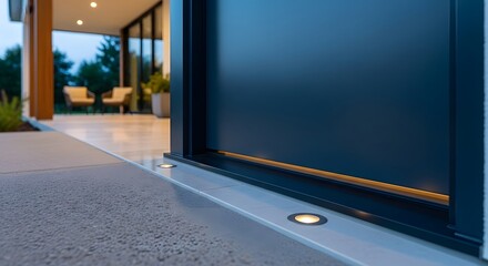 Fototapeta premium Modern outdoor patio with subtle ground lighting and dark architectural elements at dusk.