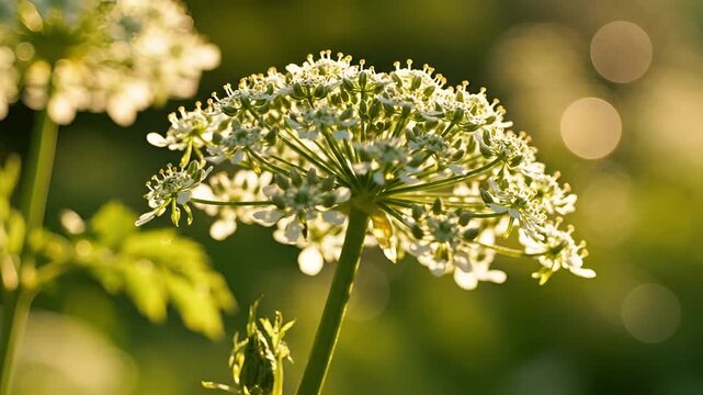 Close up of a delicate white Queen Annes Lace flower in soft sunlight.