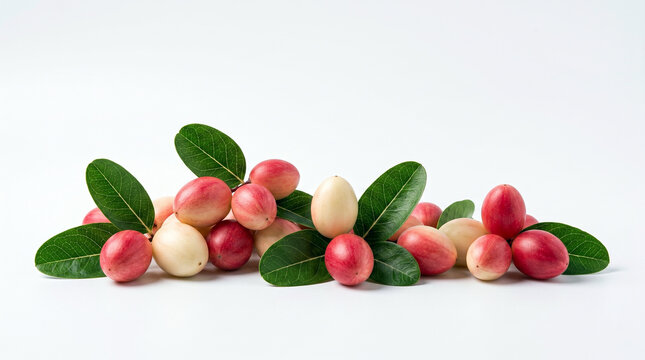 Fresh Karanda berries, known as Nadan Cherry in Kerala, with green leaves isolated on a white background. Cluster of pink, red, and white exotic tropical sour fruits.
