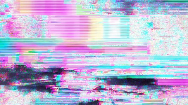 Heavy Digital TV Static Glitch Background with Neon Pink and Cyan Distortion Pattern and Analog Interferences