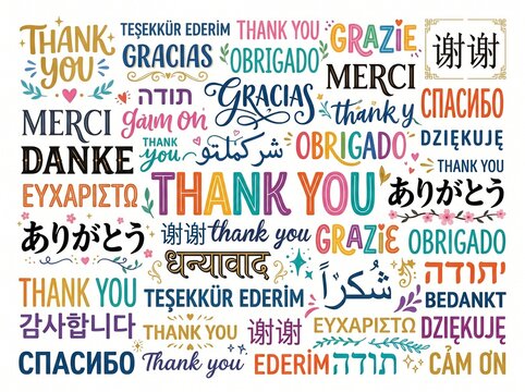 International thank you word concept. Colorful text collection of gratitude expressions in multiple languages isolated on white.