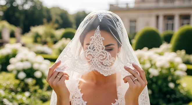 Elegant Bride in Lace Veil, Wedding Day Portrait in Garden