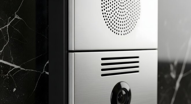 Close-up of a sleek, modern brushed metal intercom system with speaker and camera mounted on a dark marble wall.