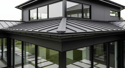 Fototapeta premium Modern building with a dark metal standing seam roof and large windows, showcasing contemporary architecture.