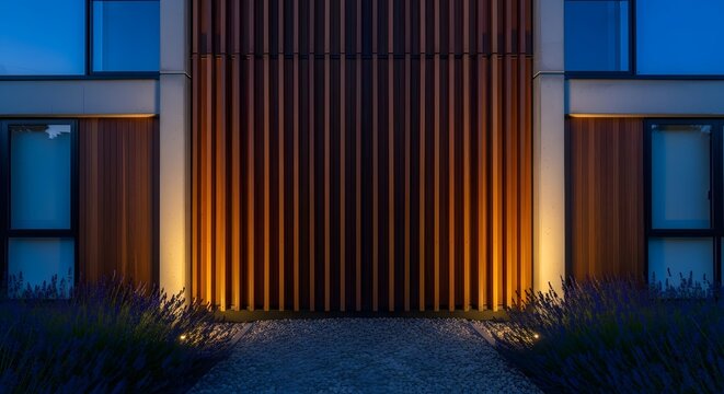 Modern building entrance with warm uplighting on a wooden slatted facade at dusk, featuring a gravel path and subtle landscaping.
