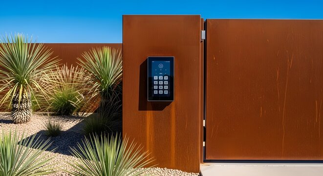 Modern rusted metal gate with digital keypad and desert landscaping under a blue sky.