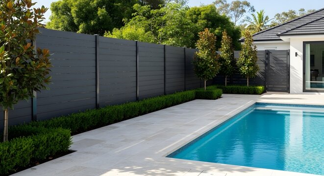 A modern backyard featuring a rectangular swimming pool, light-colored paving, a dark grey fence, and manicured green landscaping with hedges and small trees.