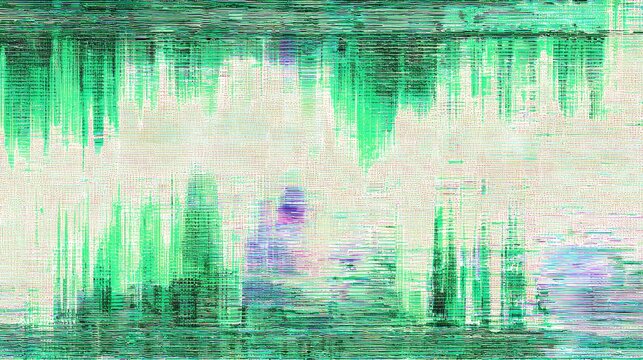 Green digital glitch background with data corruption textures, abstract matrix signal interference wave pattern illustration