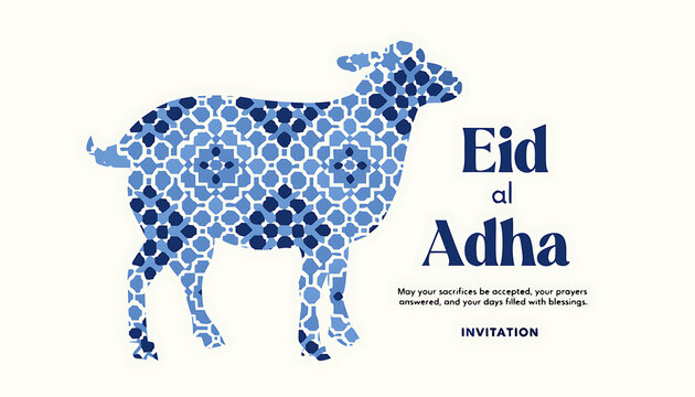 Greeting card, invitation with silhouette of ornamental sheep. Blue Moroccan, arab pattern tiles fill. Eid al Adha holiday, muslim community festival of sacrifice. Vector illustration background.