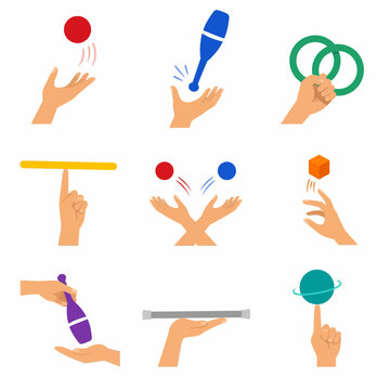 Flat vector illustration set of human hands juggling and balancing various objects including colorful balls, clubs, rings, a cube, a tray, and a spinning sphere on a white background.
