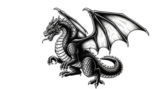 Detailed Black and White Illustration of a Dragon.