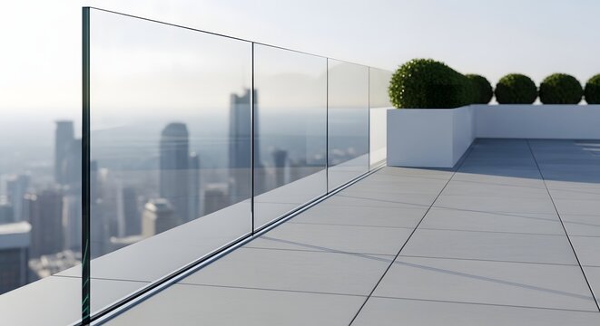 Modern rooftop terrace with glass railing overlooking a city skyline.
