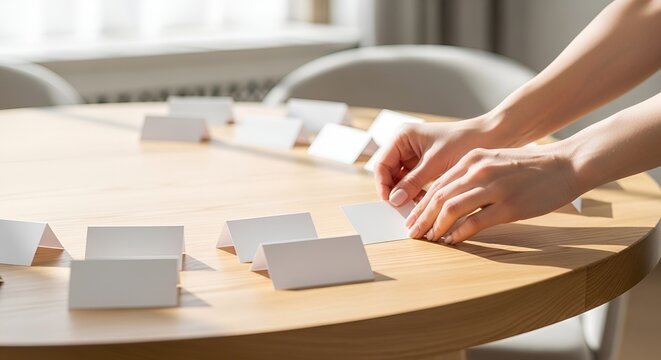 Hands placing blank name cards on a round wooden table for event seating arrangement