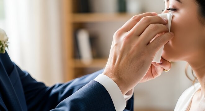 Groom Wipes Bride's Tears with Tissue at Wedding Ceremony