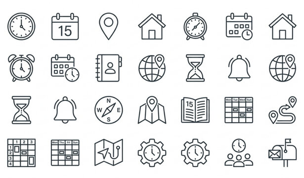 Pixel perfect time date and address editable stroke outline icon collection vector illustration