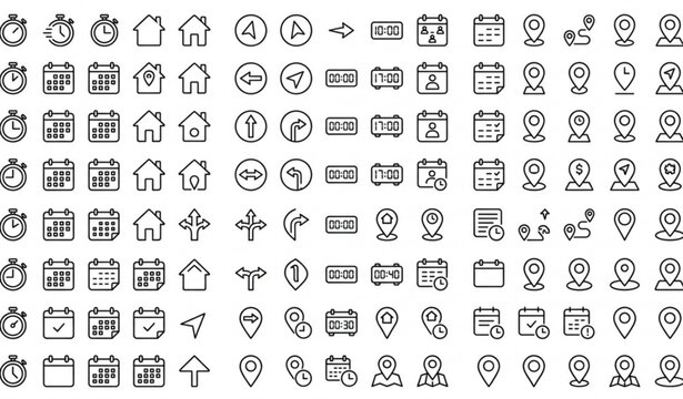 Editable stroke time calendar and address location icons in pixel perfect outline style