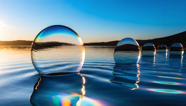 Smooth lens discs with colorful light refraction with iridescent effect.