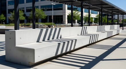 Fototapeta premium Long modern concrete tiered bench with striped shadows from a pergola in an urban outdoor setting.