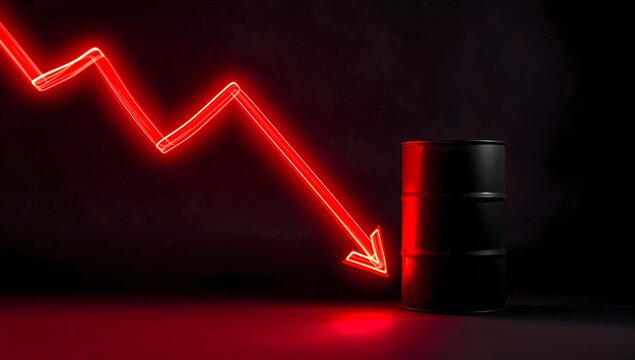Red neon arrow pointing down next to black oil drum on dark background