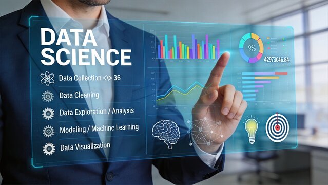 Businessman interacting with futuristic hologram screen showing data science workflow, charts, graphs and brain icon for machine learning analysis