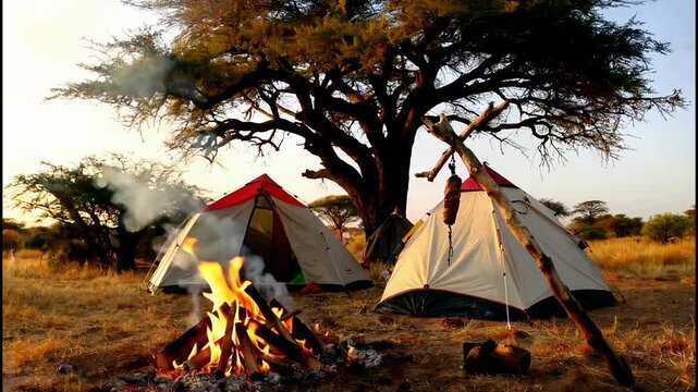 African Camping Scene with Fire and Tents Under Acacia Tree