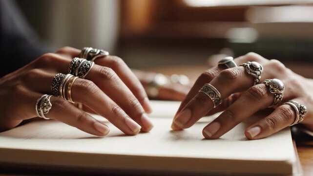 A person's hands adorned with numerous rings rest on an open book, conveying a sense of elegance and contemplation.