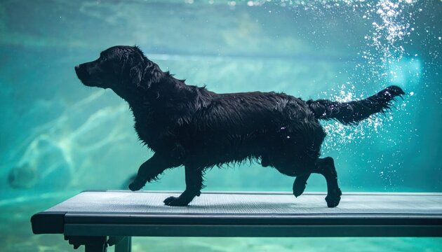 A black dog runs on an underwater treadmill in a clear pool, creating bubbles