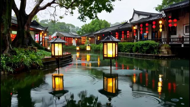 Ancient Chinese Water Town at Dusk with Illuminated Lanterns