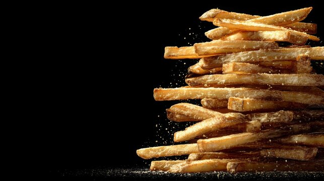 Pile of Crispy Golden French Fries Sprinkled with Sea Salt on Black Background Ideal for Fast Food Restaurants, Menus, or Culinary Promotions