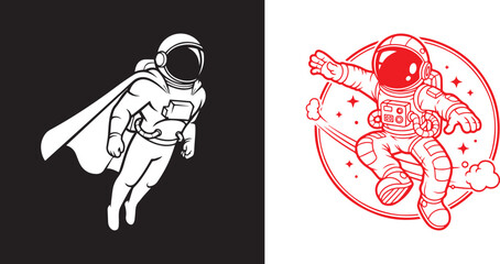Astronaut with cape flying in space and astronaut in red outline with motion lines © Muhammad