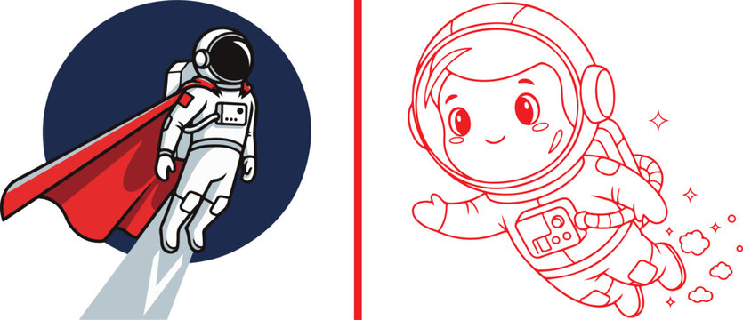 Astronaut with red cape flying in space and cute astronaut outline