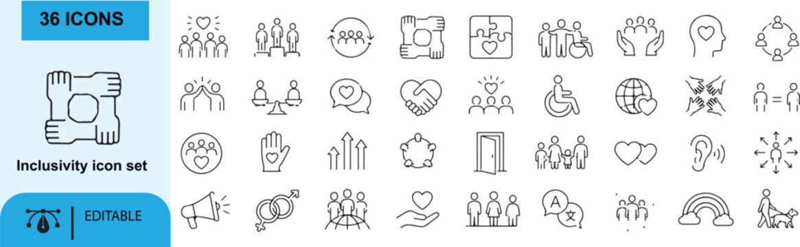 Inclusivity icons Each icon will be different, create a vector outline icons using white background and black color 