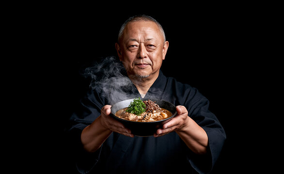 Japanese chef holding a hot steaming bowl of authentic ramen on black