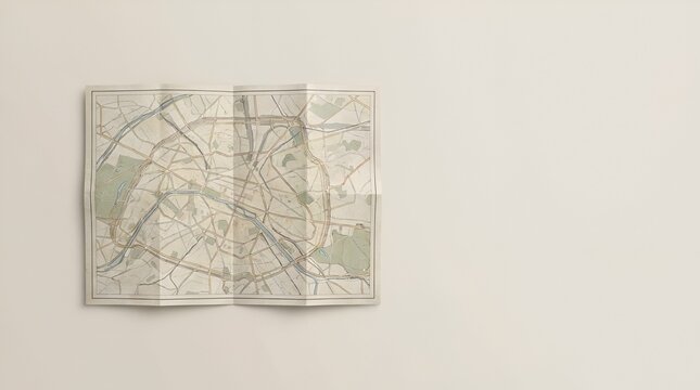 Vintage Paris City Map Unfolded on Beige Wall Background