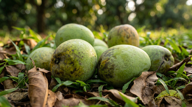 Fresh green mangoes fallen on green grass and dry leaves in a rural orchard. Nostalgic Kerala monsoon childhood memories concept with raw tropical fruits.