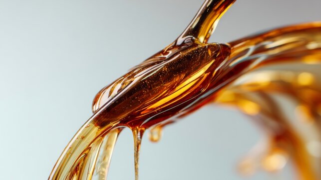 Close-up of Thick Golden Honey Dripping from Glass Surface with Soft Focus Background and Reflective Surface Creating a Glossy Effect in Natural Light