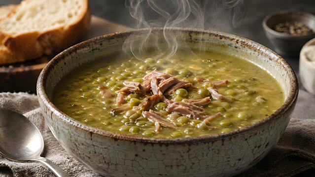 A rustic cracked ceramic bowl showcases split pea soup with ham with subtle frozen steam swirl storytelling composition